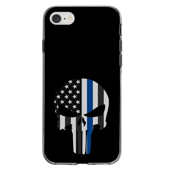 DistinctInk Clear Shockproof Hybrid Case for iPhone 7 8 SE (2020 Model) 4.7" Screen TPU Bumper Acrylic Back Tempered Glass Screen Protector - Thin Blue Line Skull - Show Support for First Responders