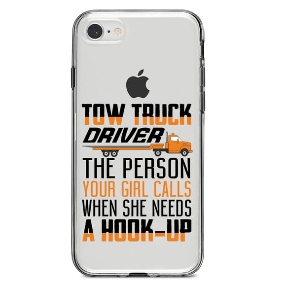DistinctInk Clear Shockproof Hybrid Case for iPhone 7 8 SE (2020 Model) 4.7" Screen TPU Bumper Acrylic Back Tempered Glass Screen Protector - Tow Truck Driver Your Girl Calls Hook Up