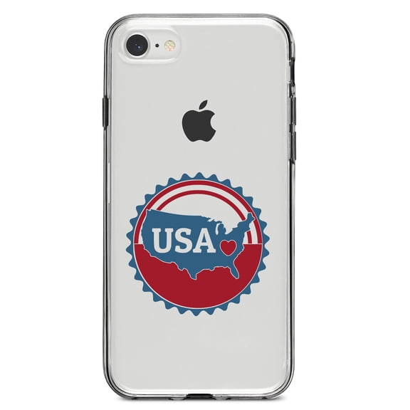 DistinctInk Clear Shockproof Hybrid Case for iPhone 7 8 SE (2020 Model) 4.7" Screen TPU Bumper Acrylic Back Tempered Glass Screen Protector - USA Heart Seal Red White & Blue