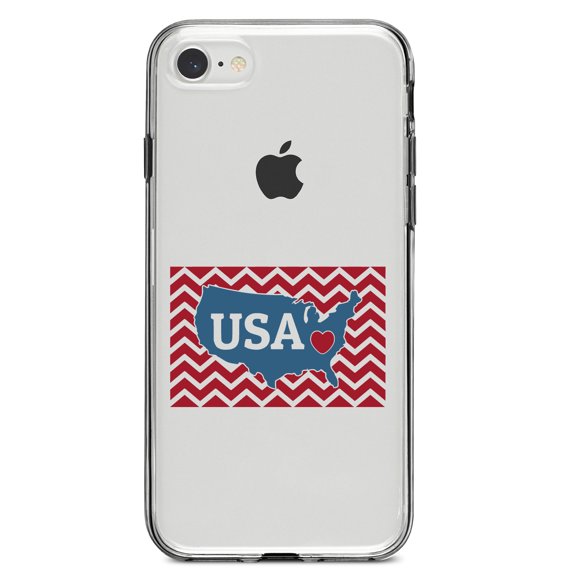 DistinctInk Clear Shockproof Hybrid Case for iPhone 7 8 SE (2020 Model) 4.7" Screen TPU Bumper Acrylic Back Tempered Glass Screen Protector - USA Map Heart Chevron Flag
