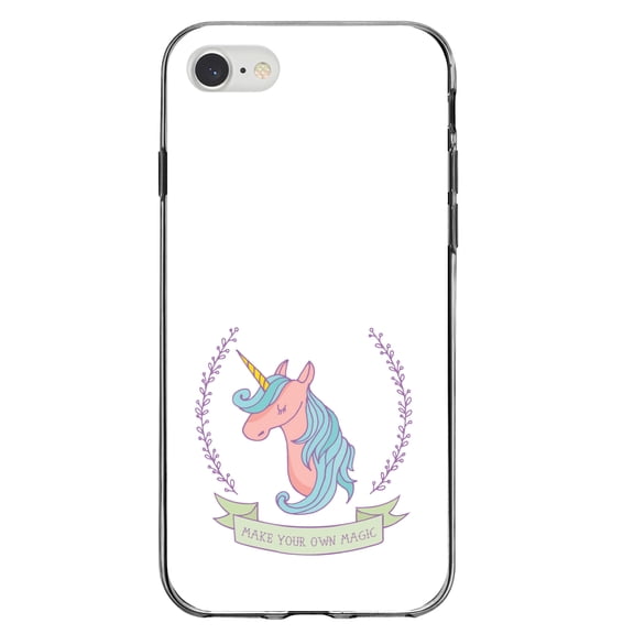 DistinctInk Clear Shockproof Hybrid Case for iPhone 7 8 SE (2020 Model) 4.7" Screen TPU Bumper Acrylic Back Tempered Glass Screen Protector - Unicorn - Make Your Own Magic - White