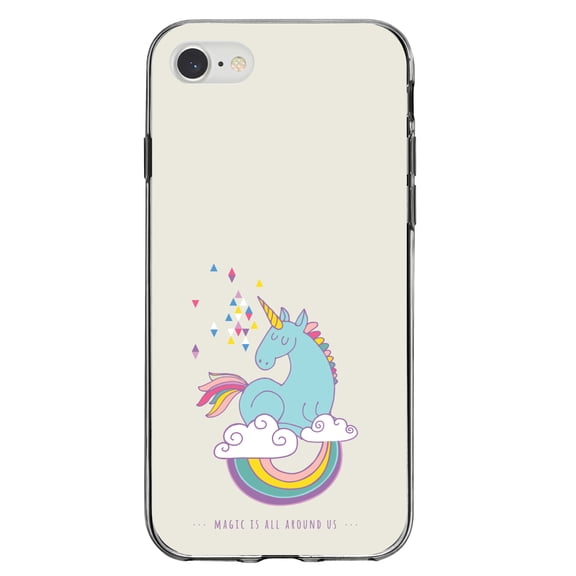 DistinctInk Clear Shockproof Hybrid Case for iPhone 7 8 SE (2020 Model) 4.7" Screen TPU Bumper Acrylic Back Tempered Glass Screen Protector - Unicorn Rainbow - Magic Is All Around Us