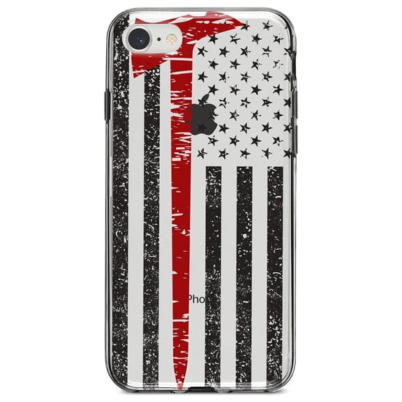 DistinctInk Clear Shockproof Hybrid Case for iPhone 7 8 SE (2020 Model) 4.7" Screen TPU Bumper Acrylic Back Tempered Glass Screen Protector - Weathered Thin Red Line US Flag With Axe Fire Fighters