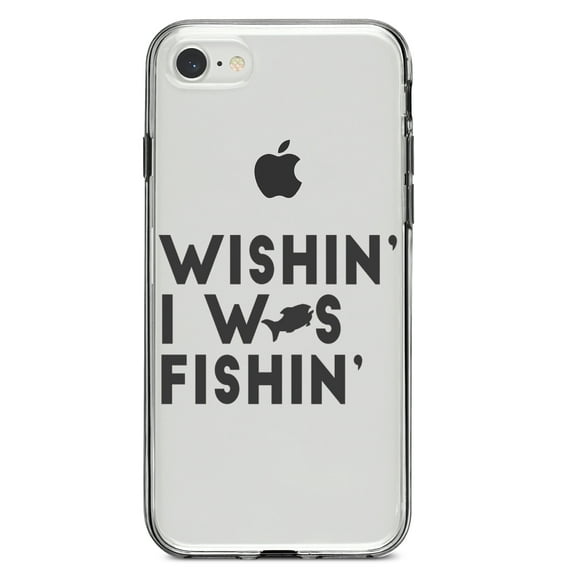 DistinctInk Clear Shockproof Hybrid Case for iPhone 7 8 SE (2020 Model) 4.7" Screen TPU Bumper Acrylic Back Tempered Glass Screen Protector - Wishin' I was Fishin'