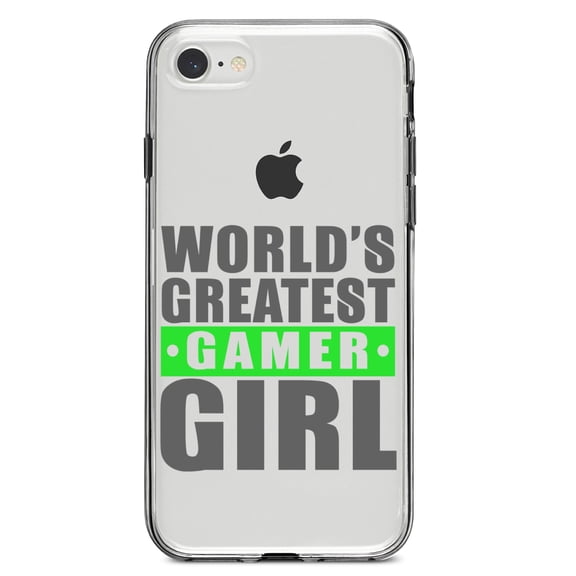 DistinctInk Clear Shockproof Hybrid Case for iPhone 7 8 SE (2020 Model) 4.7" Screen TPU Bumper Acrylic Back Tempered Glass Screen Protector - World's Greatest Gamer Girl Video Games