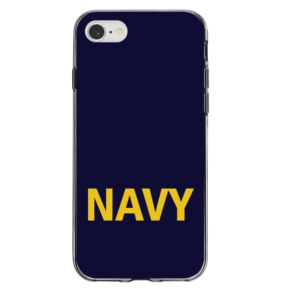 DistinctInk Clear Shockproof Hybrid Case for iPhone 7 8 SE (2020 Model) 4.7" Screen TPU Bumper Acrylic Back Tempered Glass Screen Protector - Yellow Navy - Show Your Support for the Navy