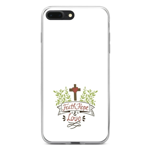 DistinctInk Clear Shockproof Hybrid Case for iPhone 7 PLUS / 8 PLUS (5.5" Screen) - TPU Bumper, Acrylic Back, Tempered Glass Screen Protector - Faith, Hope & Love - Cross & Leaves