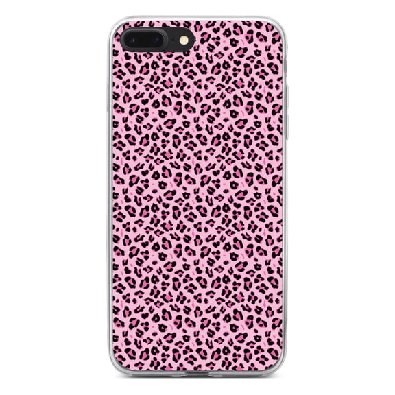 DistinctInk Clear Shockproof Hybrid Case for iPhone 7 PLUS / 8 PLUS (5.5" Screen) - TPU Bumper, Acrylic Back, Tempered Glass Screen Protector - Black Pink Leopard Skin Spots