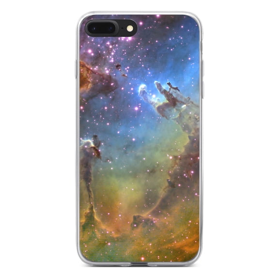 DistinctInk Clear Shockproof Hybrid Case for iPhone 7 PLUS / 8 PLUS (5.5" Screen) - TPU Bumper, Acrylic Back, Tempered Glass Screen Protector - Eagle Nebula Orange Blue - Love of Astronomy