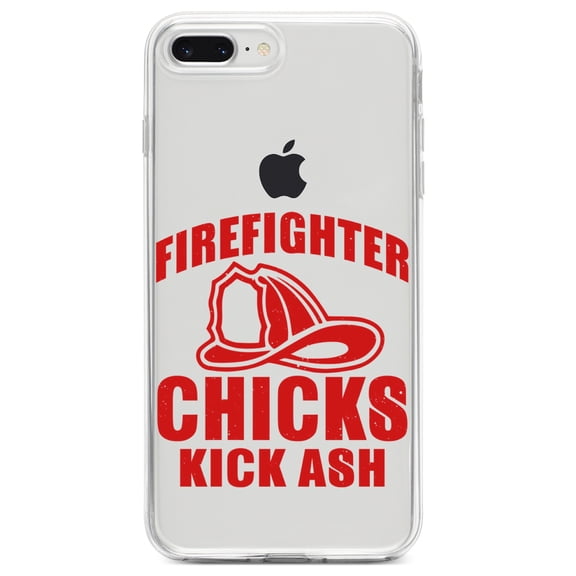 DistinctInk Clear Shockproof Hybrid Case for iPhone 7 PLUS / 8 PLUS (5.5" Screen) TPU Bumper Acrylic Back Tempered Glass Screen Protector - Firefighter Chicks Kick ASH