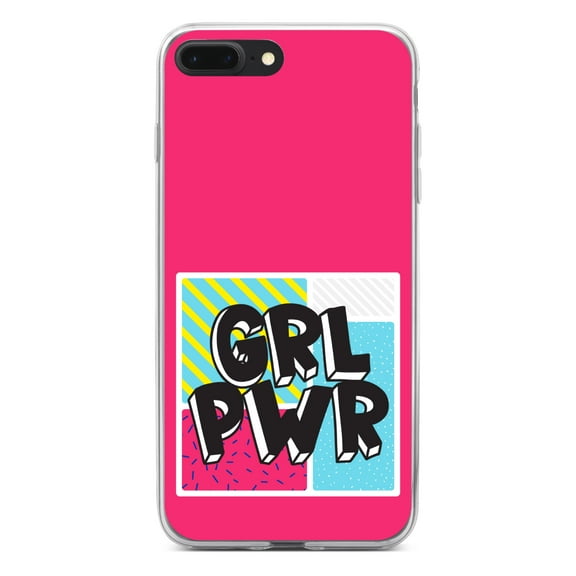 DistinctInk Clear Shockproof Hybrid Case for iPhone 7 PLUS / 8 PLUS (5.5" Screen) - TPU Bumper, Acrylic Back, Tempered Glass Screen Protector - Girl Power - GRL PWR - Pink Background