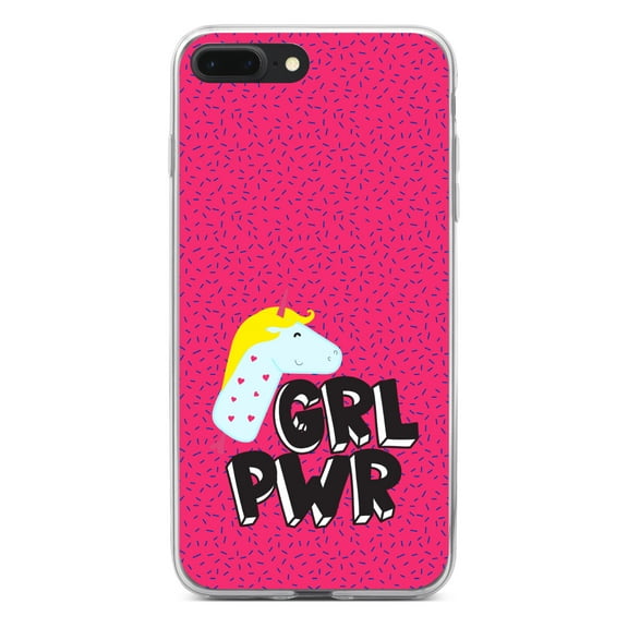 DistinctInk Clear Shockproof Hybrid Case for iPhone 7 PLUS / 8 PLUS (5.5" Screen) - TPU Bumper, Acrylic Back, Tempered Glass Screen Protector - Girl Power - GRL PWR - Unicorn Pink Background