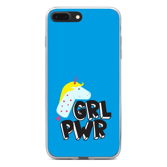 DistinctInk Clear Shockproof Hybrid Case for iPhone 7 PLUS / 8 PLUS (5.5" Screen) - TPU Bumper, Acrylic Back, Tempered Glass Screen Protector - Girl Power - GRL PWR - Unicorn Blue Background
