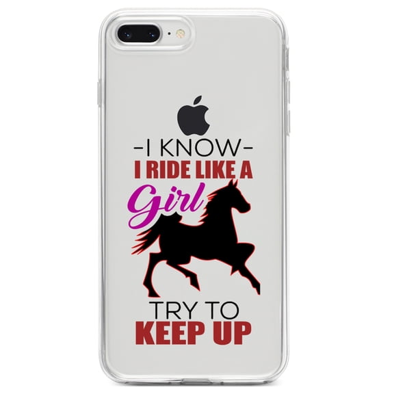 DistinctInk Clear Shockproof Hybrid Case for iPhone 7 PLUS / 8 PLUS (5.5" Screen) TPU Bumper Acrylic Back Tempered Glass Screen Protector - I Ride Like A Girl - Try To Keep Up - Horse