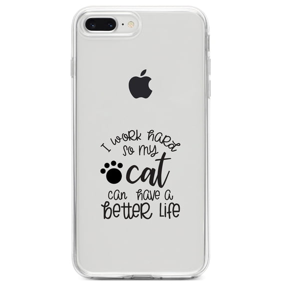 DistinctInk Clear Shockproof Hybrid Case for iPhone 7 PLUS / 8 PLUS (5.5" Screen) TPU Bumper Acrylic Back Tempered Glass Screen Protector - I Work Hard So My Cat Can Have a Better Life