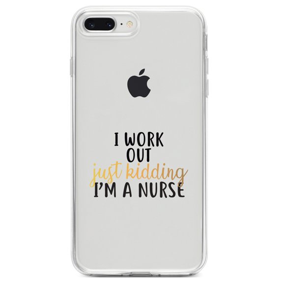 DistinctInk Clear Shockproof Hybrid Case for iPhone 7 PLUS / 8 PLUS (5.5" Screen) TPU Bumper Acrylic Back Tempered Glass Screen Protector - I Work Out - Just Kidding, I'm a Nurse
