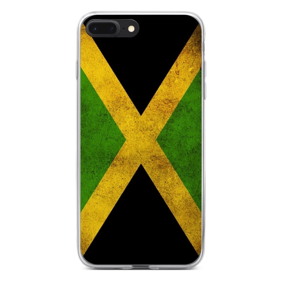 DistinctInk Clear Shockproof Hybrid Case for iPhone 7 PLUS / 8 PLUS (5.5" Screen) - TPU Bumper, Acrylic Back, Tempered Glass Screen Protector - Jamaica Old Flag Black Green Yellow - Love of Jamaica