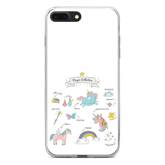 DistinctInk Clear Shockproof Hybrid Case for iPhone 7 PLUS / 8 PLUS (5.5" Screen) - TPU Bumper, Acrylic Back, Tempered Glass Screen Protector - Magic Collection White - Unicorn, Rainbow