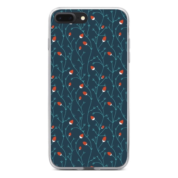 DistinctInk Clear Shockproof Hybrid Case for iPhone 7 PLUS / 8 PLUS (5.5" Screen) - TPU Bumper, Acrylic Back, Tempered Glass Screen Protector - Modern Floral - Strawberry Vine - Teal Navy