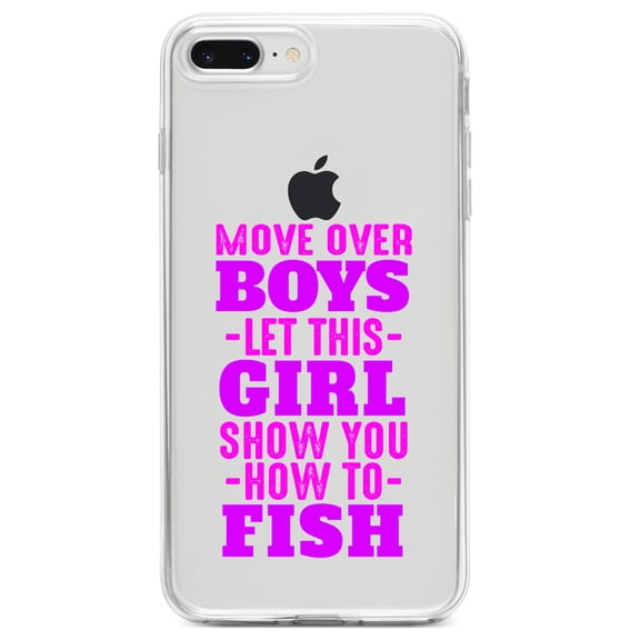 DistinctInk Clear Shockproof Hybrid Case for iPhone 7 PLUS / 8 PLUS (5.5" Screen) TPU Bumper Acrylic Back Tempered Glass Screen Protector - Move Over Boys, Girls Show You How to Fish