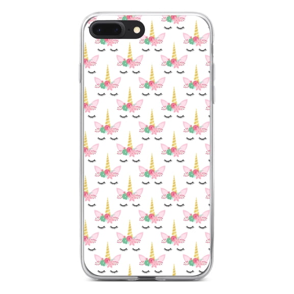 DistinctInk Clear Shockproof Hybrid Case for iPhone 7 PLUS / 8 PLUS (5.5" Screen) - TPU Bumper, Acrylic Back, Tempered Glass Screen Protector - Pastel Unicorn Pattern - White Pink Black