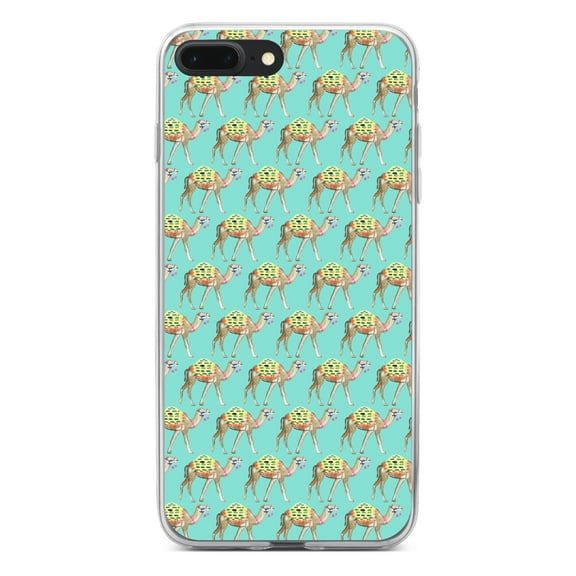 DistinctInk Clear Shockproof Hybrid Case for iPhone 7 PLUS / 8 PLUS (5.5" Screen) - TPU Bumper, Acrylic Back, Tempered Glass Screen Protector - Preppy Pattern - Camels on Teal Background