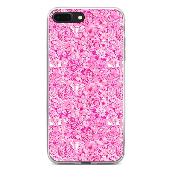 DistinctInk Clear Shockproof Hybrid Case for iPhone 7 PLUS / 8 PLUS (5.5" Screen) - TPU Bumper, Acrylic Back, Tempered Glass Screen Protector - Preppy Pattern - Pink & White Flowers Floral