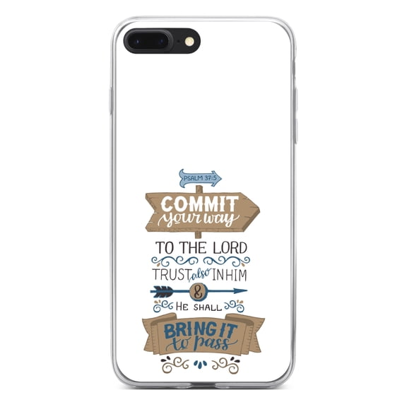 DistinctInk Clear Shockproof Hybrid Case for iPhone 7 PLUS / 8 PLUS (5.5" Screen) - TPU Bumper, Acrylic Back, Tempered Glass Screen Protector - Psalm 37:5 - Commt Your Way to the Lord