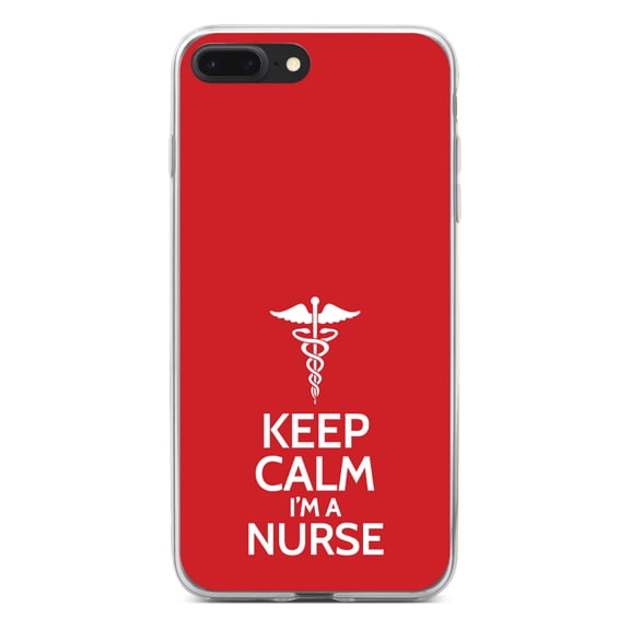 DistinctInk Clear Shockproof Hybrid Case for iPhone 7 PLUS / 8 PLUS (5.5" Screen) - TPU Bumper, Acrylic Back, Tempered Glass Screen Protector - Red White "Keep Calm I'm a Nurse" - Support for Nurses