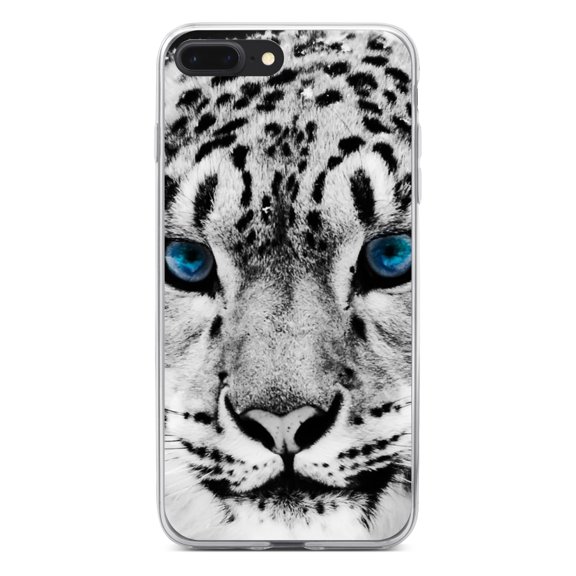 DistinctInk Clear Shockproof Hybrid Case for iPhone 7 PLUS / 8 PLUS (5.5" Screen) - TPU Bumper, Acrylic Back, Tempered Glass Screen Protector - Snow Leopard Blue Eyes - Animal Print
