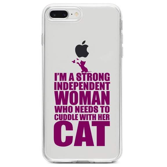DistinctInk Clear Shockproof Hybrid Case for iPhone 7 PLUS / 8 PLUS (5.5" Screen) TPU Bumper Acrylic Back Tempered Glass Screen Protector - Strong Woman Needs to Cuddle Cat
