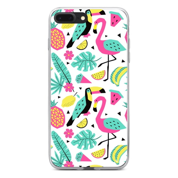 DistinctInk Clear Shockproof Hybrid Case for iPhone 7 PLUS / 8 PLUS (5.5" Screen) - TPU Bumper, Acrylic Back, Tempered Glass Screen Protector - Summer Graphics - Flamingo Toucan Pineapple