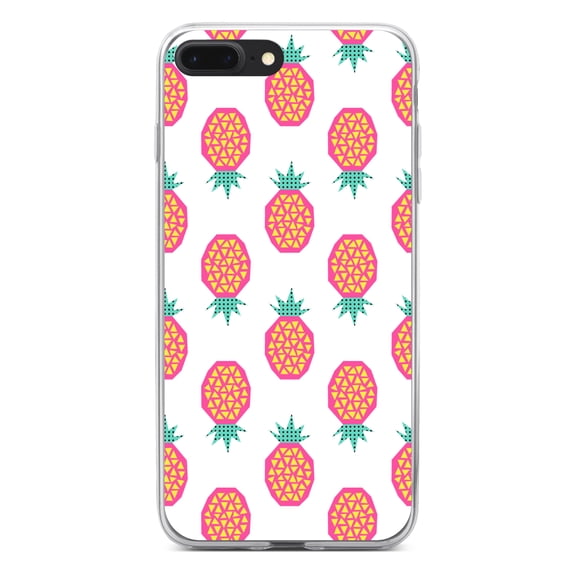 DistinctInk Clear Shockproof Hybrid Case for iPhone 7 PLUS / 8 PLUS (5.5" Screen) - TPU Bumper, Acrylic Back, Tempered Glass Screen Protector - Summer Graphics - Pineapple Pattern - Pink