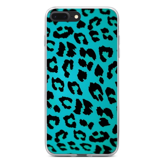 DistinctInk Clear Shockproof Hybrid Case for iPhone 7 PLUS / 8 PLUS (5.5" Screen) - TPU Bumper, Acrylic Back, Tempered Glass Screen Protector - Teal Black Leopard Skin Spots