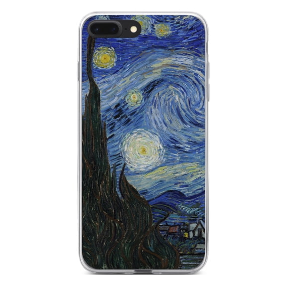 DistinctInk Clear Shockproof Hybrid Case for iPhone 7 PLUS / 8 PLUS (5.5" Screen) - TPU Bumper, Acrylic Back, Tempered Glass Screen Protector - Van Gogh Starry Night - Classic Art