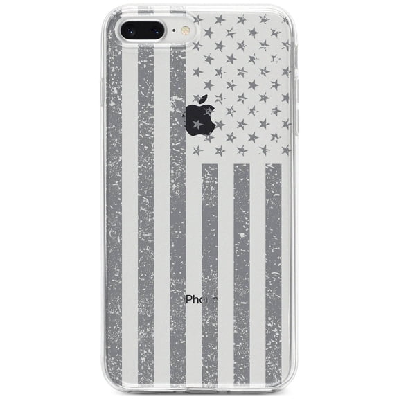 DistinctInk Clear Shockproof Hybrid Case for iPhone 7 PLUS / 8 PLUS (5.5" Screen) - TPU Bumper, Acrylic Back, Tempered Glass Screen Protector - Weathered Grey US Flag