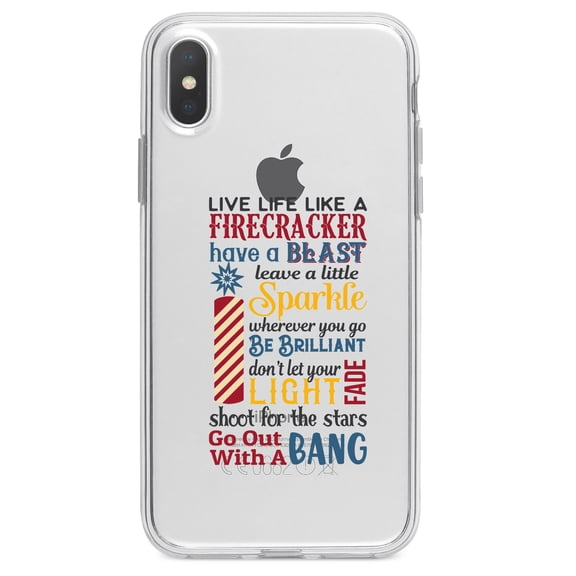 DistinctInk Clear Shockproof Hybrid Case for iPhone X / XS (5.8" Screen) - TPU Bumper Acrylic Back Tempered Glass Screen Protector - 4th of July Word Art Firecracker