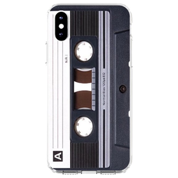 DistinctInk Clear Shockproof Hybrid Case for iPhone X / XS (5.8" Screen) - TPU Bumper, Acrylic Back, Tempered Glass Screen Protector - Audio Cassette Tape