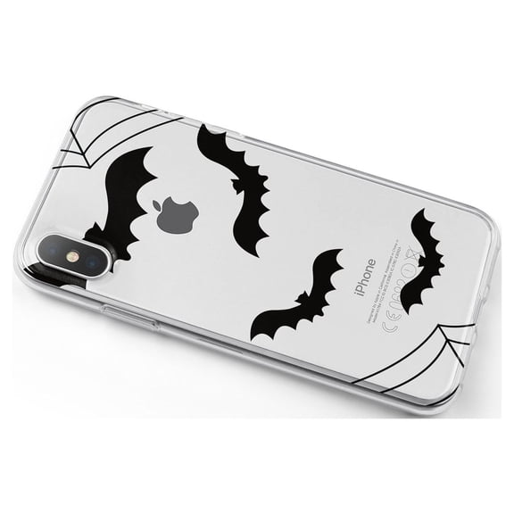 DistinctInk Clear Shockproof Hybrid Case for iPhone X / XS (5.8" Screen) - TPU Bumper, Acrylic Back, Tempered Glass Screen Protector - Bats and Spider Webs
