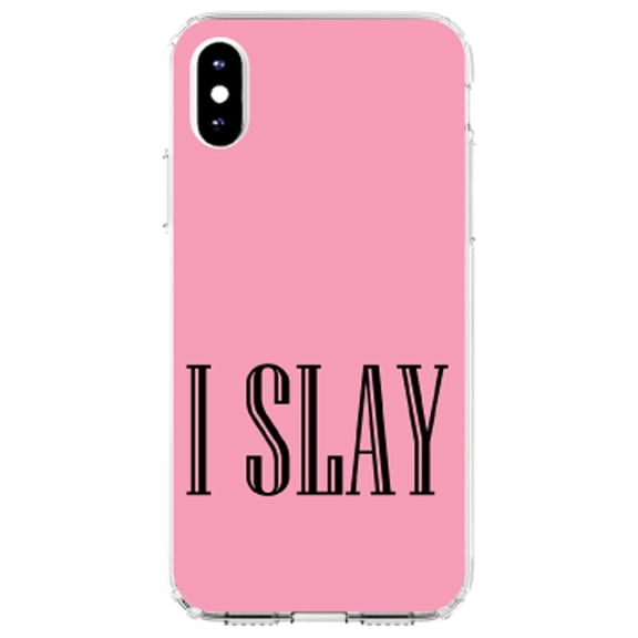 DistinctInk Clear Shockproof Hybrid Case for iPhone X / XS (5.8" Screen) - TPU Bumper, Acrylic Back, Tempered Glass Screen Protector - Black Pink "I Slay"