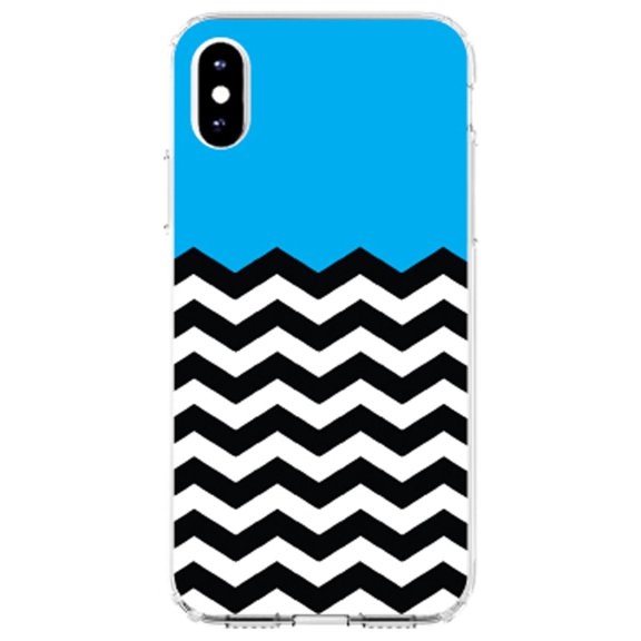 DistinctInk Clear Shockproof Hybrid Case for iPhone X / XS (5.8" Screen) - TPU Bumper, Acrylic Back, Tempered Glass Screen Protector - Black White Cyan Blue Chevron - Black & White Stripes Pattern