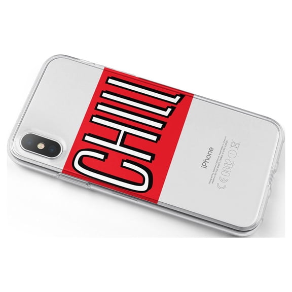 DistinctInk Clear Shockproof Hybrid Case for iPhone X / XS (5.8" Screen) - TPU Bumper, Acrylic Back, Tempered Glass Screen Protector - CHILL with red background