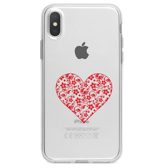 DistinctInk Clear Shockproof Hybrid Case for iPhone X / XS (5.8" Screen) - TPU Bumper Acrylic Back Tempered Glass Screen Protector - Clear Red Floral Heart