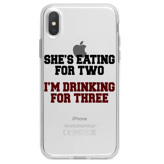 DistinctInk Clear Shockproof Hybrid Case for iPhone X / XS (5.8" Screen) - TPU Bumper Acrylic Back Tempered Glass Screen Protector - She's Eating For Two, I'm Drinking for 3