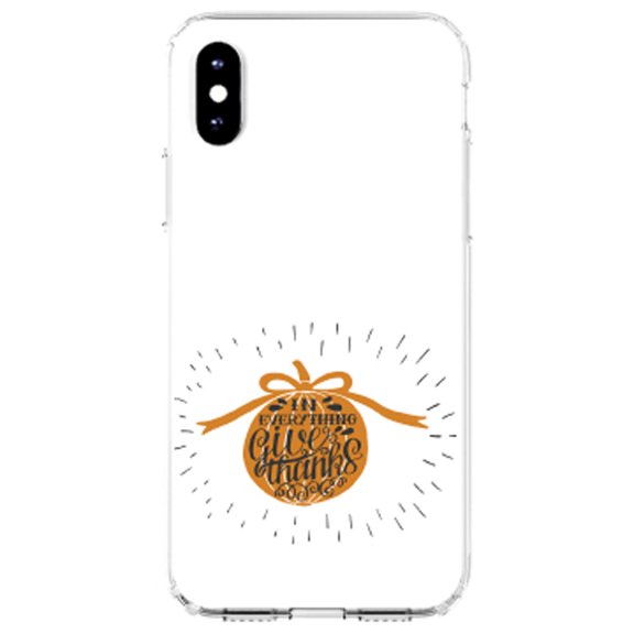 DistinctInk Clear Shockproof Hybrid Case for iPhone X / XS (5.8" Screen) - TPU Bumper, Acrylic Back, Tempered Glass Screen Protector - In Everything Give Thanks - Orange White