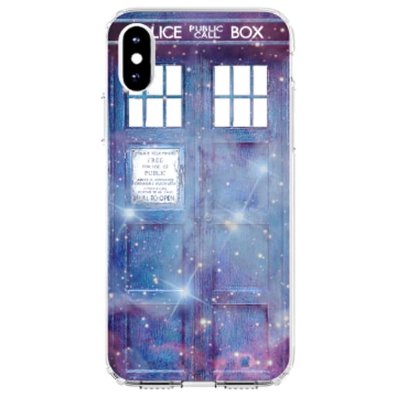 DistinctInk Clear Shockproof Hybrid Case for iPhone X / XS (5.8" Screen) - TPU Bumper, Acrylic Back, Tempered Glass Screen Protector - Fading TARDIS Outer Space Stars