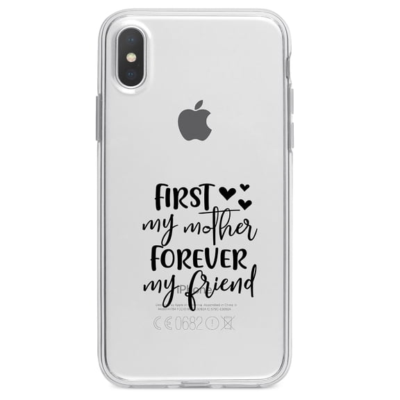 DistinctInk Clear Shockproof Hybrid Case for iPhone X / XS (5.8" Screen) - TPU Bumper Acrylic Back Tempered Glass Screen Protector - First My Mother, Forever My Friend - Hearts