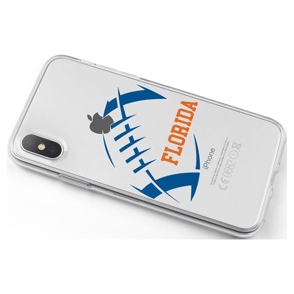DistinctInk Clear Shockproof Hybrid Case for iPhone X / XS (5.8" Screen) - TPU Bumper, Acrylic Back, Tempered Glass Screen Protector - Florida Football - Orange, Blue