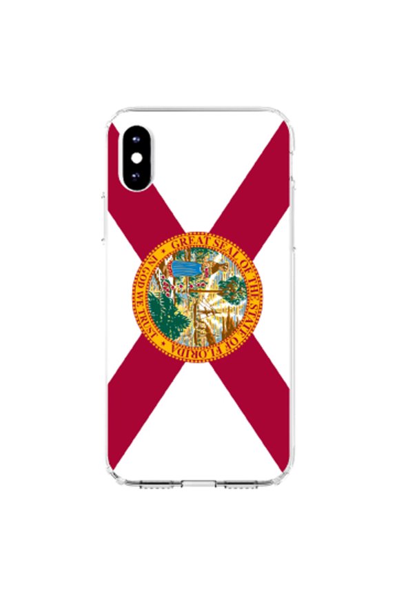 Clear Shockproof Hybrid Case for iPhone X / XS (5.8" Screen) - TPU Bumper, Acrylic Back, Tempered Glass Screen Protector - Florida State Flag - US State Flag