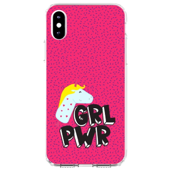 DistinctInk Clear Shockproof Hybrid Case for iPhone X / XS (5.8" Screen) - TPU Bumper, Acrylic Back, Tempered Glass Screen Protector - Girl Power - GRL PWR - Unicorn Pink Background